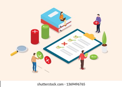 Isometric Survey People On The Clipboard With Checklist And Magnifying Glass - Vector Illustration