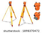 Isometric surveying measuring equipment level theodolite on tripod isolated on white background. Geodetic measuring equipment icon set. Construction measuring tool