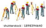 Isometric surveying measuring equipment level theodolite on tripod isolated on white background. Professional engineer surveyor takes measures with theodolite. Construction measuring tool