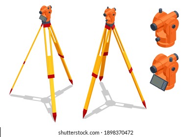 Isometric surveying measuring equipment level theodolite on tripod isolated on white background. Geodetic measuring equipment icon set. Construction measuring tool