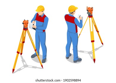 Isometric surveying measuring equipment level theodolite on tripod isolated on white background. Professional engineer surveyor takes measures with theodolite. Construction measuring tool