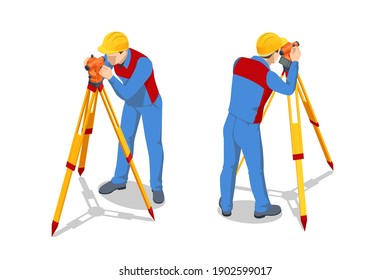 Isometric surveying measuring equipment level theodolite on tripod isolated on white background. Professional engineer surveyor takes measures with theodolite. Construction measuring tool