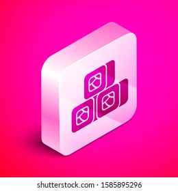 Isometric Sushi icon isolated on pink background. Traditional Japanese food. Silver square button. Vector Illustration