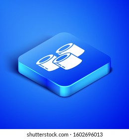 Isometric Sushi icon isolated on blue background. Traditional Japanese food. Blue square button. Vector Illustration