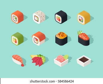 Isometric sushi icons on blue background for other categories. 
