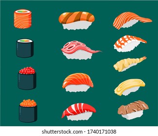 Isometric sushi icons on green background for other categories.