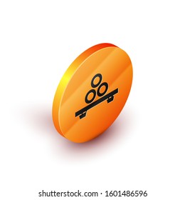 Isometric Sushi on cutting board icon isolated on white background. Asian food sushi on wooden board. Orange circle button. Vector Illustration