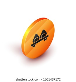 Isometric Sushi on cutting board icon isolated on white background. Asian food sushi on wooden board. Orange circle button. Vector Illustration