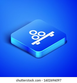 Isometric Sushi on cutting board icon isolated on blue background. Asian food sushi on wooden board. Blue square button. Vector Illustration