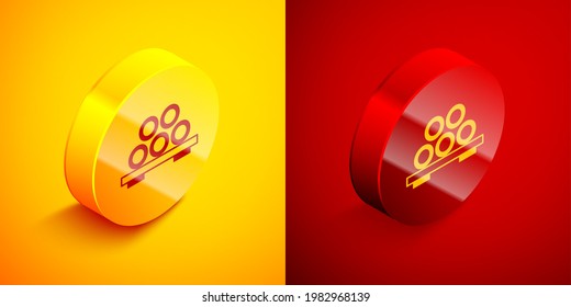 Isometric Sushi on cutting board icon isolated on orange and red background. Asian food sushi on wooden board. Circle button. Vector