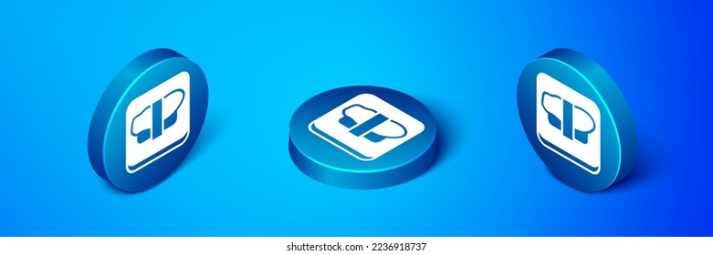 Isometric Sushi on cutting board icon isolated on blue background. Asian food sushi on wooden board. Blue circle button. Vector