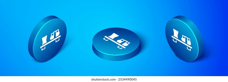 Isometric Sushi on cutting board icon isolated on blue background. Asian food sushi on wooden board. Blue circle button. Vector