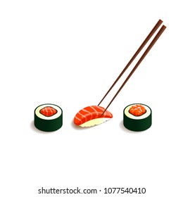 Isometric sushi and rolls. Vector Japanese food. Chopsticks hold sushi