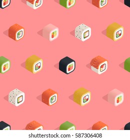 Isometric sushi seamless pattern on the pink background in flat style