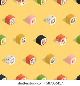 Isometric sushi seamless pattern on the yellow background in flat style