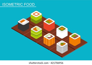 Isometric sushi set. Japanese seafood vector. Asian restaurant food on table, flat