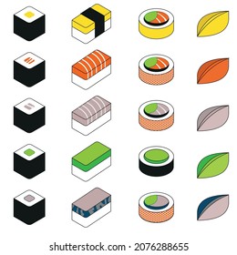 Isometric sushi vector illustrations featuring maki, nigiri, rolls and gyoza