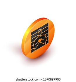 Isometric Suspect criminal icon isolated on white background. The criminal in prison, suspected near the board. Orange circle button. Vector Illustration