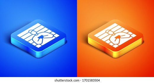 Isometric Suspect criminal icon isolated on blue and orange background. The criminal in prison, suspected near the board. Square button. Vector Illustration