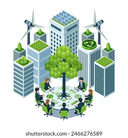 Isometric Sustainable Business Meeting Surrounded by Eco-Friendly Urban Buildings. Sustainable Business and Eco-Friendly Business Meeting Concept