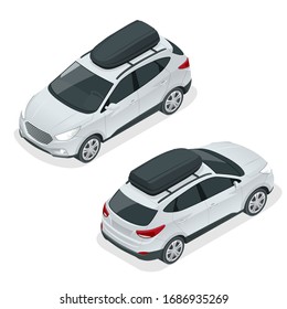 Isometric Suv car with rooftop cargo carrier. Compact crossover, SUV, 5-door station wagon car. Template isolated.