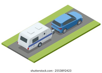 Isometric SUV car truck and Caravan trailer. SUV car truck with bicycles on the roof and towing RV. Family road trip. Towing RV. Family vacation travel, holiday