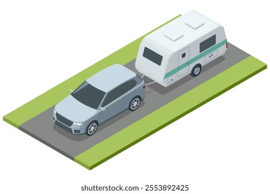 Isometric SUV car truck and Caravan trailer. SUV car truck with bicycles on the roof and towing RV. Family road trip. Towing RV. Family vacation travel, holiday