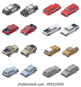 Isometric SUVs, pickup trucks, and service vehicles of police or fire brigade provided front and rear, which can be used in different elements of infographics, vector graphic illustration design