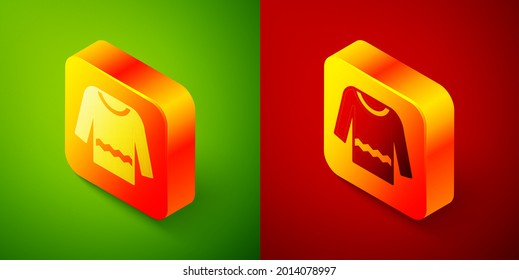 Isometric Sweater icon isolated on green and red background. Pullover icon. Square button. Vector