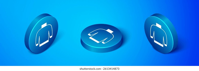 Isometric Sweater icon isolated on blue background. Pullover icon. Sweatshirt sign. Blue circle button. Vector