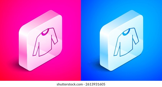 Isometric Sweater icon isolated on pink and blue background. Pullover icon. Sweatshirt sign. Silver square button. Vector