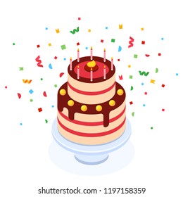 Isometric sweet baked cake with colorful confetti and candles. Birthday cake. Vector isometric illustration