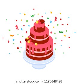 Isometric sweet cake. Baked cake with confetti, delicious Birthday cake vector 3d illustration