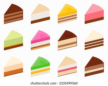 Isometric sweet cakes slices pieces set. Layered sponge cakes with fruit and chocolate, cheesecake, pie. Sweet desserts