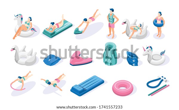 Isometric swimming aids icons set with\
people inflatable ring air bed noodle arm band isolated on white\
background 3d vector\
illustration