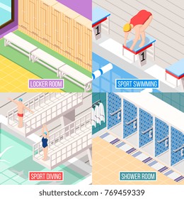 Isometric swimming pool 2x2 design concept with images of athletes and elements of indoor interior facilities vector illustration