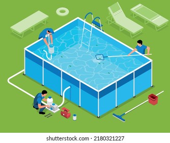 Isometric swimming pool cleaning composition with view of maintenance works of summer pool with cleanup workers vector illustration