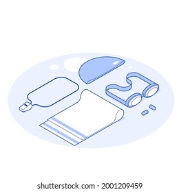 Isometric swimming pool clothes equipment vector illustration. Wear and accessories for training or floating isolated. Water activity tools whistle, rubber cap, swimming goggles, earplugs and towel