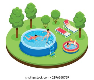 Isometric swimming pool composition with isolated round platform with forest terrain and inflatable pools with people vector illustration