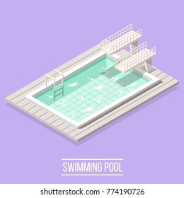 Isometric swimming pool composition with isolated image of piscine high diving boards and water vector illustration