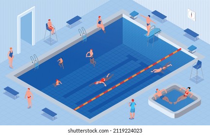 Isometric swimming pool composition large pool with tiled floor and walls people swim relaxing in jacuzzi vector illustration