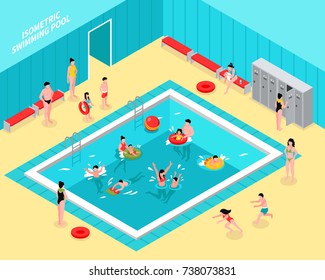Isometric swimming pool composition with natatorium hall interior and figures of children with parents and tubes vector illustration