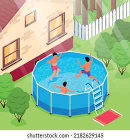 Isometric swimming pool composition with outdoor view of suburban house backyard with kids floating inside pool vector illustration