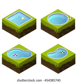 Isometric swimming pool different shapes in vector