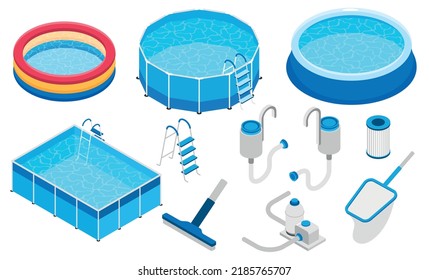 Isometric swimming pool equipment set with isolated icons of pumps cleanup tools round and square pools vector illustration