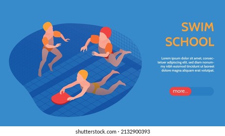 Isometric swimming pool horizontal banner with three children swimming and swim school headline vector illustration