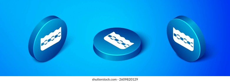 Isometric Swimming pool icon isolated on blue background. Blue circle button. Vector