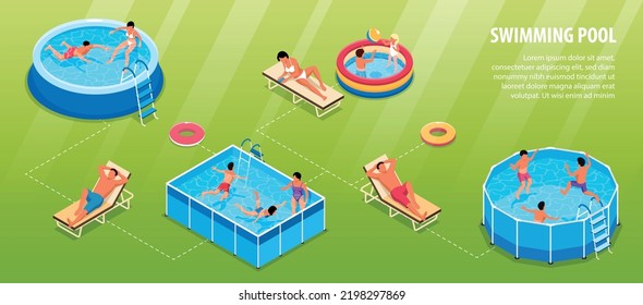 Isometric swimming pool infographics with water pools of different shape people lounge chairs and editable text vector illustration