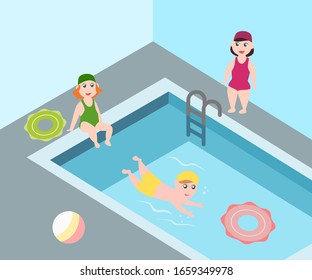 Isometric swimming pool. Kids having fun at swimming pool. Cute colorful vector illustration in flat cartoon style.