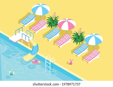 Isometric swimming pool with ladder, clear water, water slide, sun loungers and umbrellas. Summer relaxation by the pool. A colorful image of summer fun. Vector illustration.